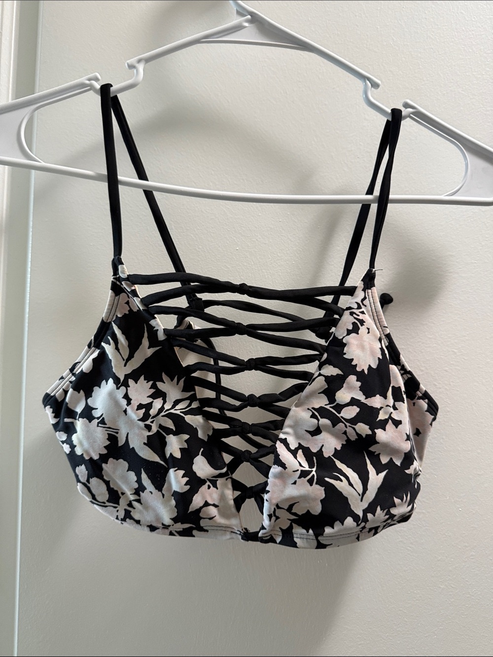 Black and White Floral Lace-Up Bralette Top